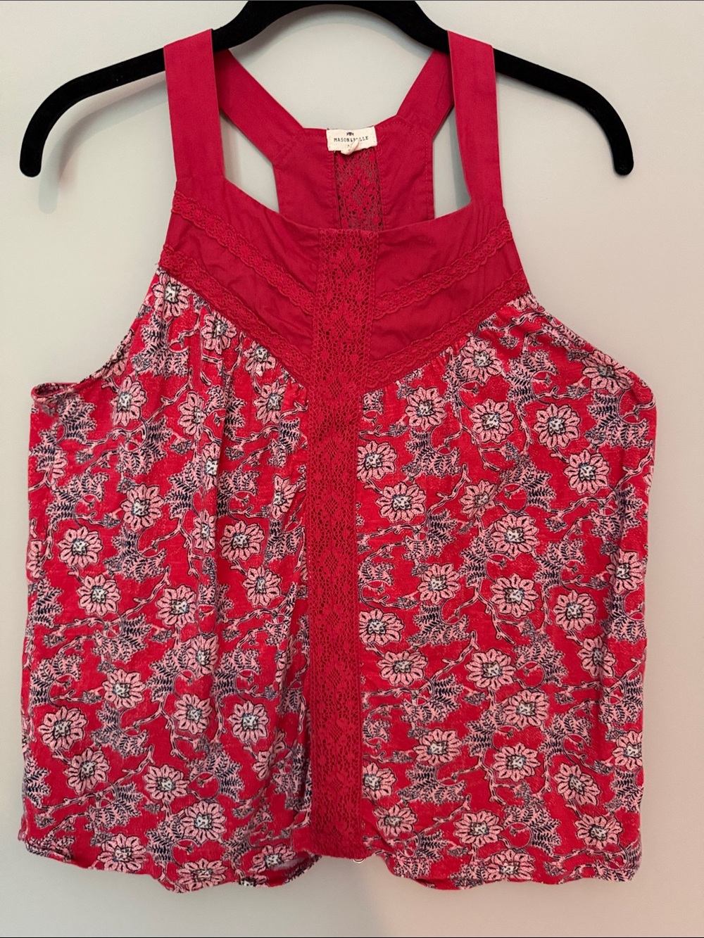Floral Lace-Trim Red Tank Top